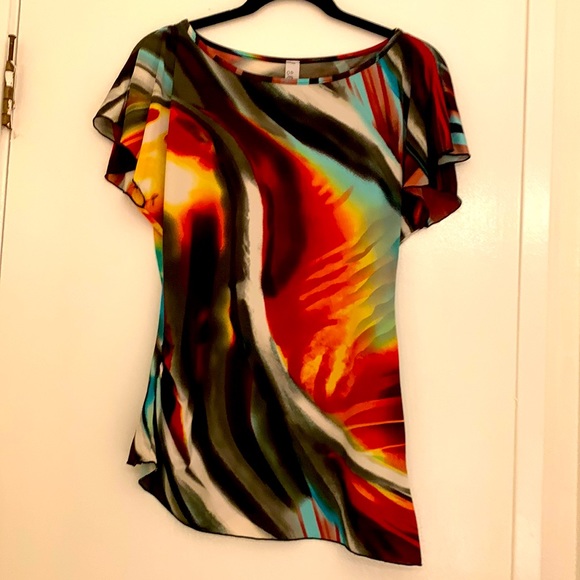 Multicolored Blouse. Soft and silky with short bell sleeves and diagonal hemline